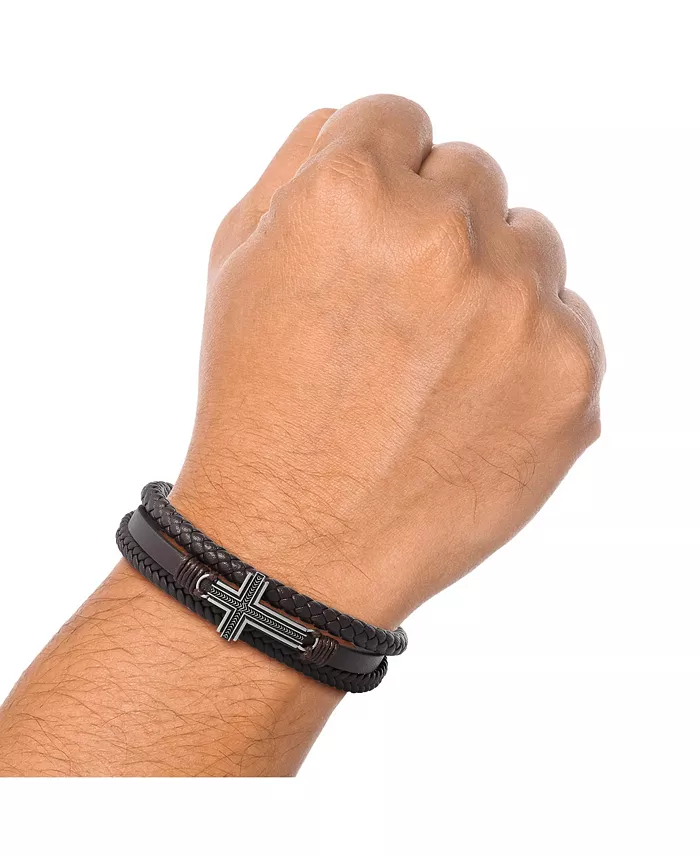 Lucky Brand Braided Leather Bracelet With Cross - Brown Leather Wrap Bracelet For Men Jewelry & Watches