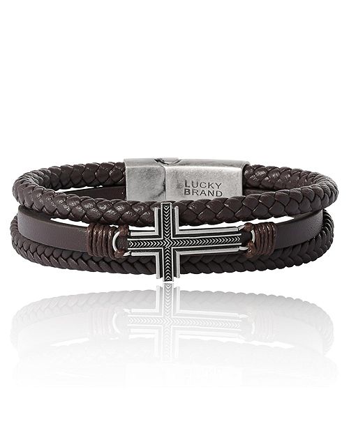 Lucky Brand Braided Leather Bracelet with Cross - Brown Leather Wrap Bracelet for Men Jewelry & Watches