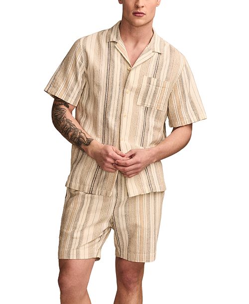 Lucky Brand Men's Camp Collar Stripe Shirt & Regular-Fit Textured Stripe 7" Drawstring Shorts Men's Fashion & Accessories