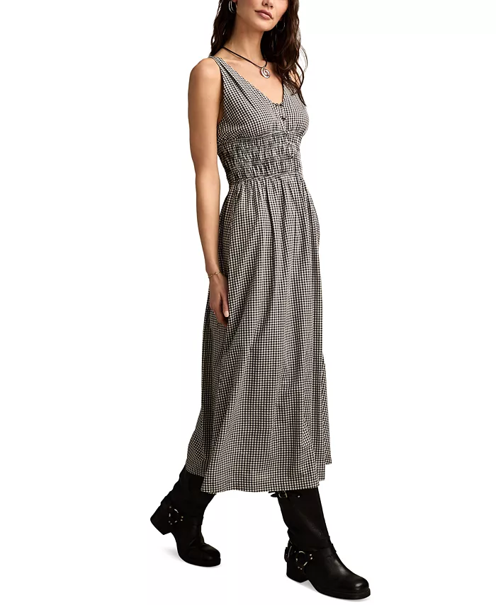 Lucky Brand Women's Printed V-Neck Smocked-Waist Maxi Dress Women's Fashion Shoes & Accessories
