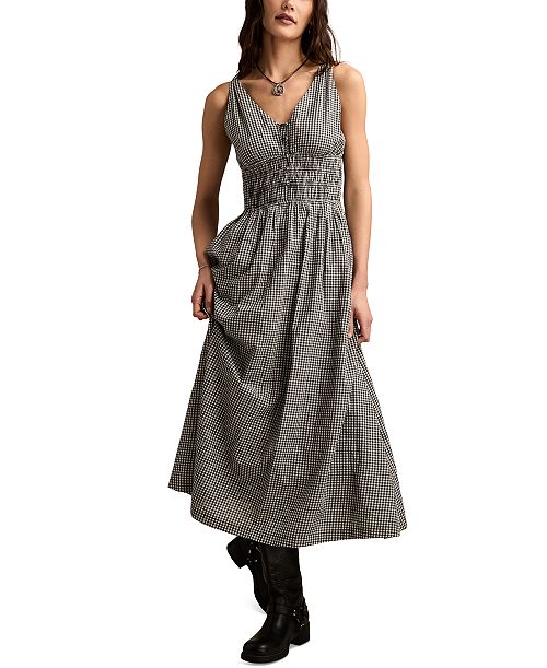 Lucky Brand Women's Printed V-Neck Smocked-Waist Maxi Dress Women's Fashion Shoes & Accessories