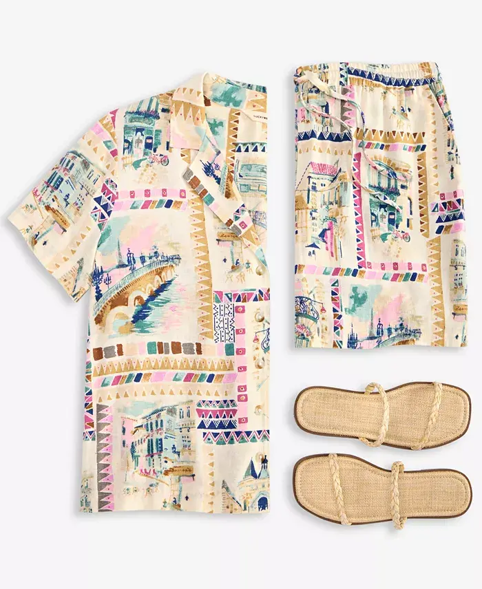 Lucky Women's Printed Linen-Blend Camp Shirt & The Beach Linen-Blend Shorts Women's Fashion Shoes & Accessories