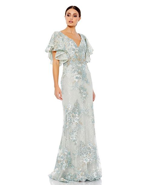 Mac Duggal Women's Bell Sleeve Floral Embellished Gown Women's Fashion Shoes & Accessories