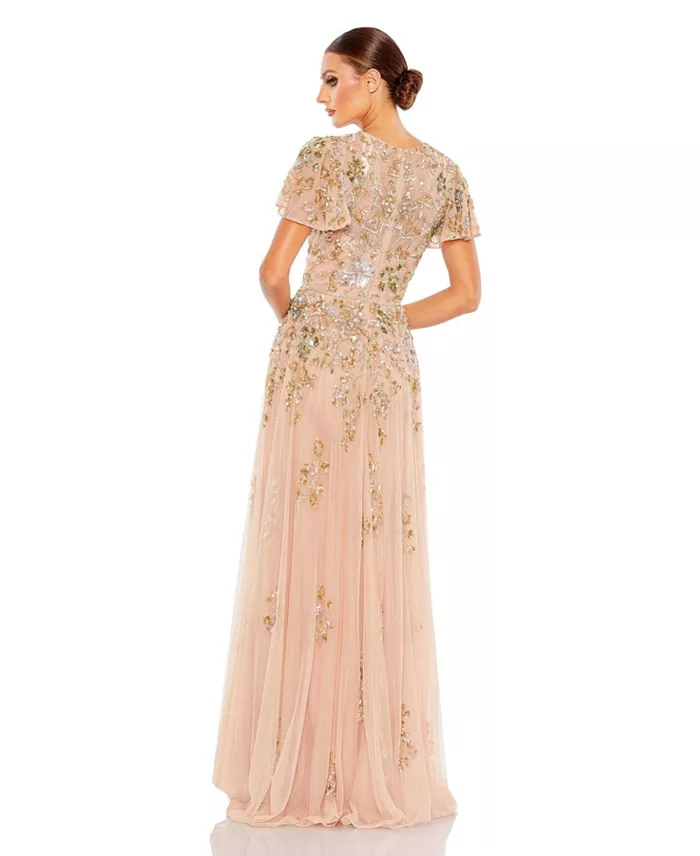 Mac Duggal Women's Embellished Butterfly Sleeve High Neck Gown Women's Fashion Shoes & Accessories