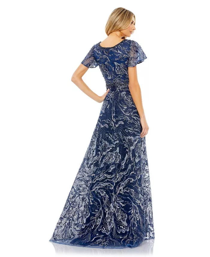 Mac Duggal Women's Embellished Illusion Butterfly Sleeve A-Line Gown Women's Fashion Shoes & Accessories
