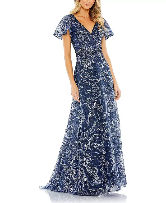 Mac Duggal Women's Embellished Illusion Butterfly Sleeve A-Line Gown Women's Fashion Shoes & Accessories