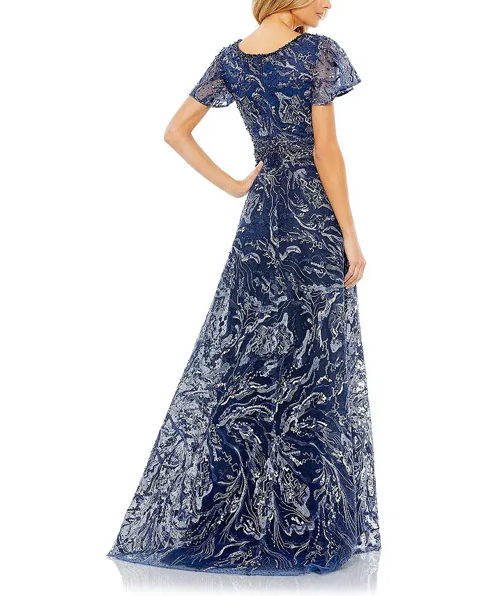 Mac Duggal Women's Embellished Illusion Butterfly Sleeve A-Line Gown Women's Fashion Shoes & Accessories