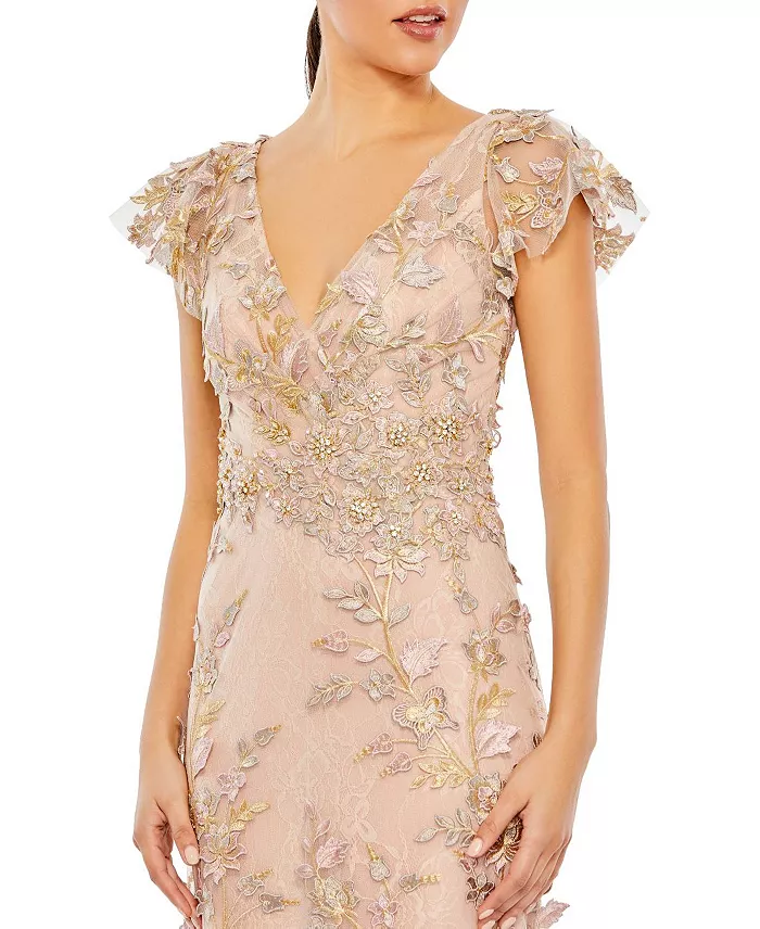 Mac Duggal Women's Embroidered Applique Wrap Over Flutter Sleeve Gown Women's Fashion Shoes & Accessories