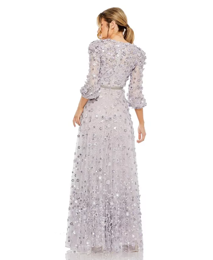 Mac Duggal Women's Floral Applique Puff Sleeve High Neck A-Line Gown Women's Fashion Shoes & Accessories