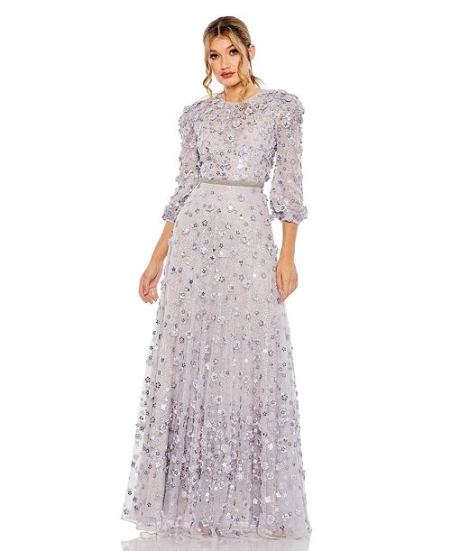 Mac Duggal Women's Floral Applique Puff Sleeve High Neck A-Line Gown Women's Fashion Shoes & Accessories