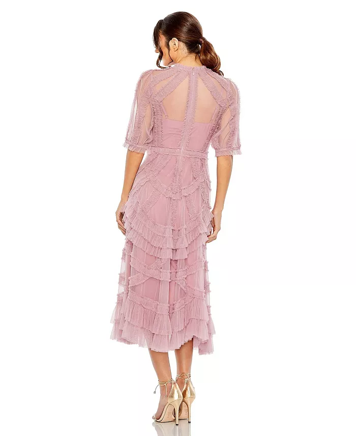 Mac Duggal Women's High Neck Puff Sleeve Ruffle Tiered Dress Women's Fashion Shoes & Accessories
