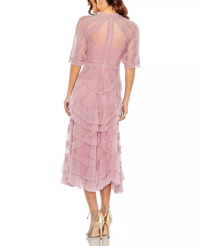 Mac Duggal Women's High Neck Puff Sleeve Ruffle Tiered Dress Women's Fashion Shoes & Accessories