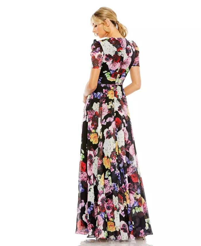 Mac Duggal Women's Ieena Floral Print Mesh Cap Sleeve Gown Women's Fashion Shoes & Accessories