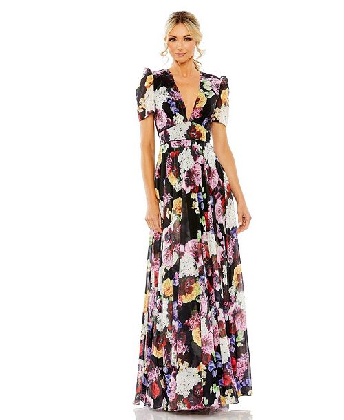 Mac Duggal Women's Ieena Floral Print Mesh Cap Sleeve Gown Women's Fashion Shoes & Accessories
