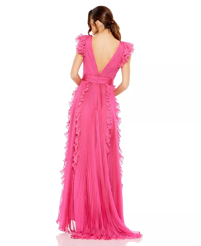 Mac Duggal Women's Pleated Ruffle Cap Sleeve Flowy A Line Gown Women's Fashion Shoes & Accessories