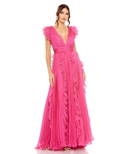 Mac Duggal Women's Pleated Ruffle Cap Sleeve Flowy A Line Gown Women's Fashion Shoes & Accessories