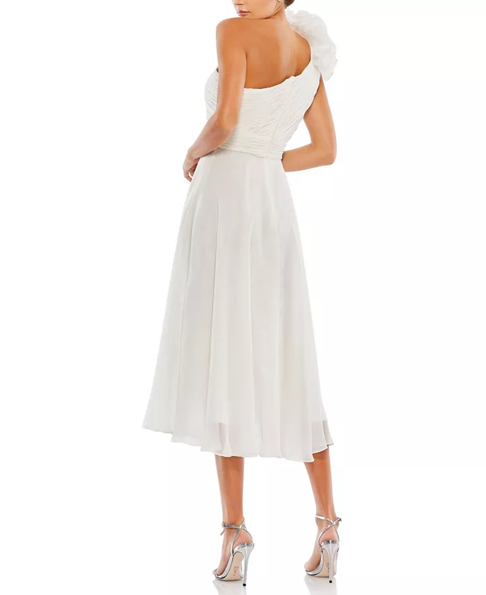 Mac Duggal Women's Rosette One Shoulder Tea Length Dress Women's Fashion Shoes & Accessories