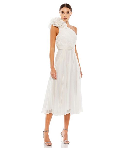 Mac Duggal Women's Rosette One Shoulder Tea Length Dress Women's Fashion Shoes & Accessories