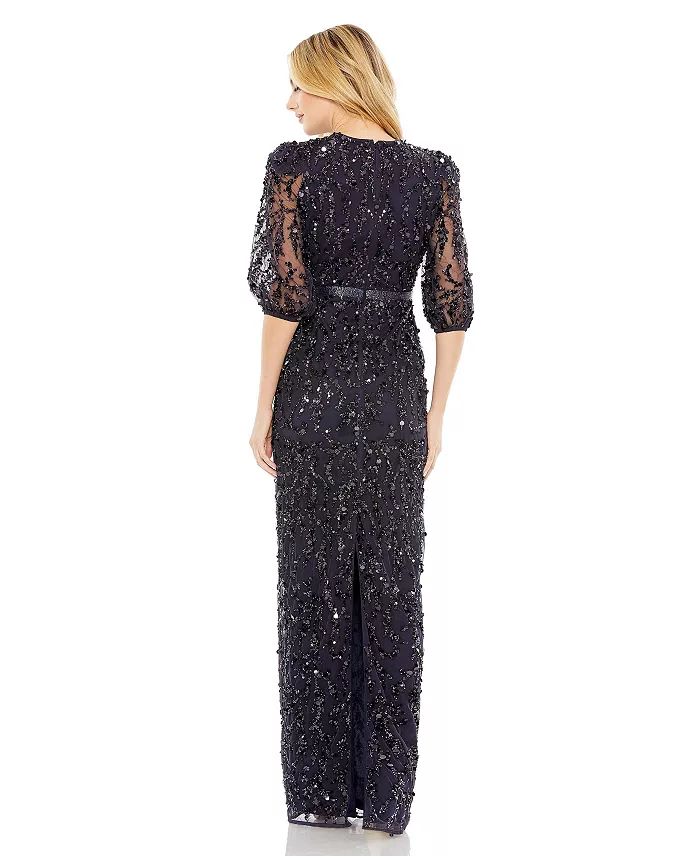 Mac Duggal Women's Sequined Elbow Sleeve Gown Women's Fashion Shoes & Accessories