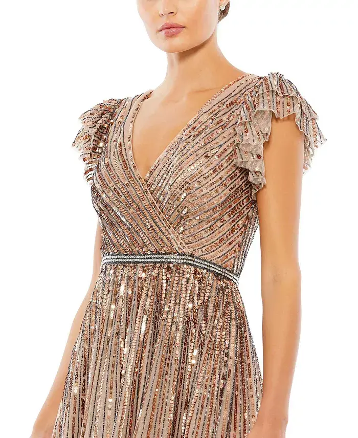 Mac Duggal Women's Sequined Wrap Over Ruffled Cap Sleeve Gown Women's Fashion Shoes & Accessories