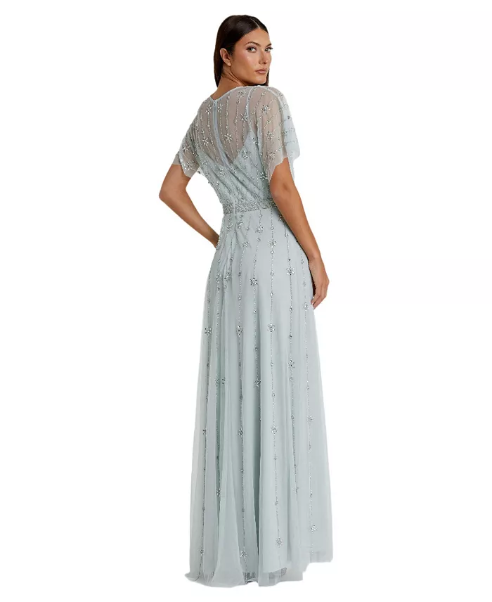 Mac Duggal Women's V-Neck Embellished Flutter Sleeve A Line Gown Women's Fashion Shoes & Accessories