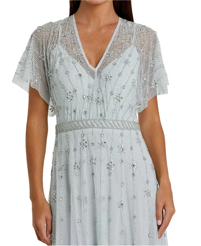 Mac Duggal Women's V-Neck Embellished Flutter Sleeve A Line Gown Women's Fashion Shoes & Accessories