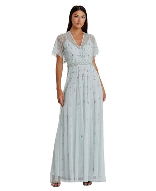 Mac Duggal Women's V-Neck Embellished Flutter Sleeve A Line Gown Women's Fashion Shoes & Accessories