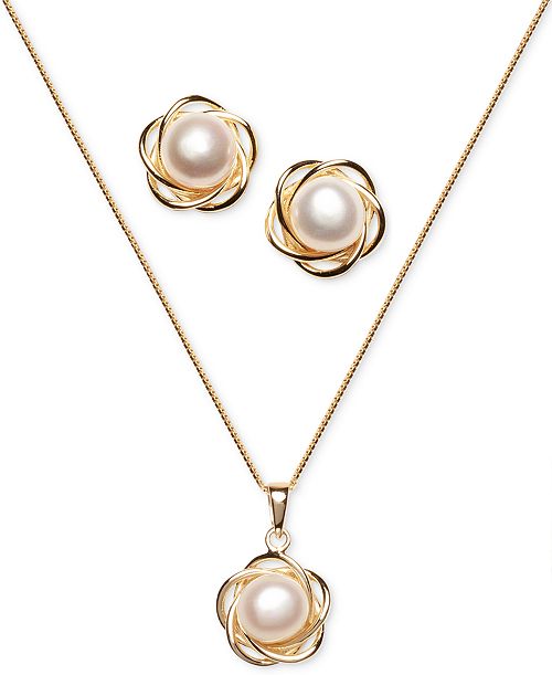 Macy's 2-Pc. Set Cultured Freshwater Pearl (7mm) Flower Pendant Necklace & Matching Stud Earrings in 18k Gold-Plated Sterling Silver or Sterling Silver Jewelry & Watches