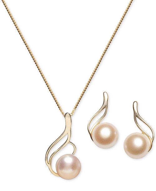 Macy's 2-Pc. Set Cultured Freshwater Pearl 7mm) Swirl Pendant Necklace & Matching Stud Earrings Set in 18k Gold-Plated Sterling Silver Jewelry & Watches