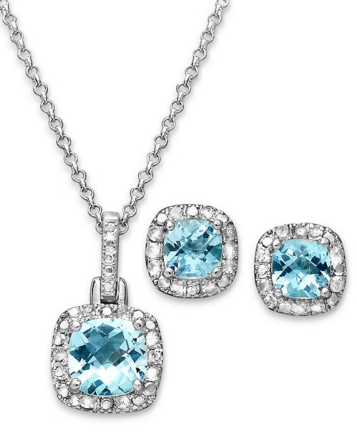 Macy's Blue Topaz (3-1/10 ct. t.w.) & Diamond Accent Sterling Silver 18" Pendant Necklace and Stud Earrings Set Jewelry & Watches