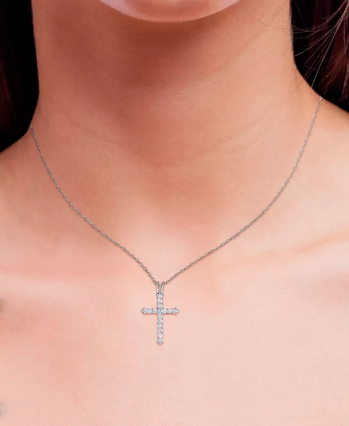 Macy's Diamond Cross Pendant Necklace (1/2 Ct. T.w.) In Sterling Silver Or 14k Gold-Plate Over Sterling Silver 16" + 2" Extender Jewelry & Watches