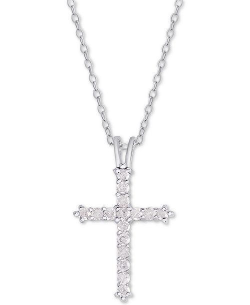 Macy's Diamond Cross Pendant Necklace (1/2 ct. t.w.) in Sterling Silver or 14k Gold-Plate Over Sterling Silver 16" + 2" Extender Jewelry & Watches