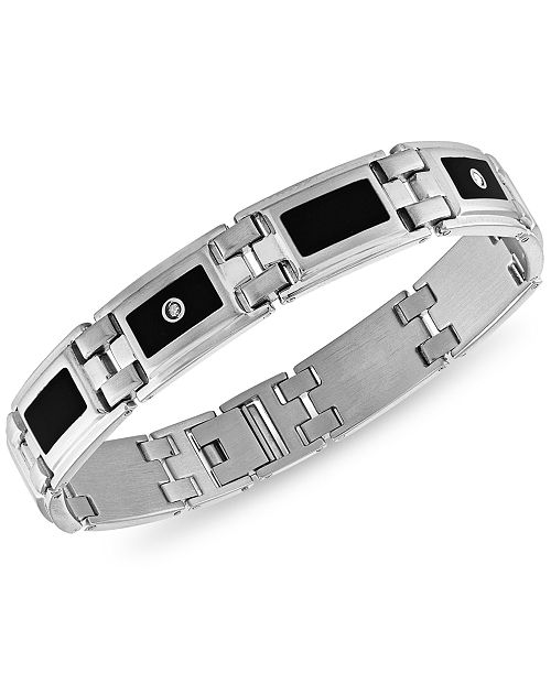 Macy's Men's Diamond (1/8 ct. t.w.) & Black Enamel Bracelet in Stainless Steel Jewelry & Watches