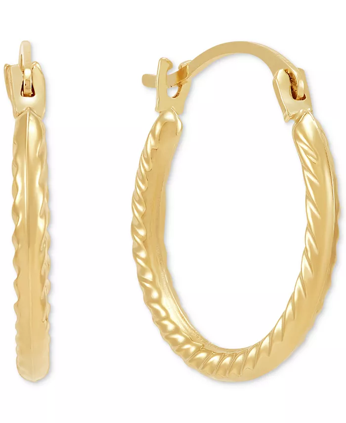 Macy's Polished Ribbed Textured Extra Small Hoop Earrings In 10k Gold 15mm Jewelry & Watches