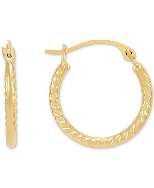 Macy's Polished Ribbed Textured Extra Small Hoop Earrings In 10k Gold 15mm Jewelry & Watches