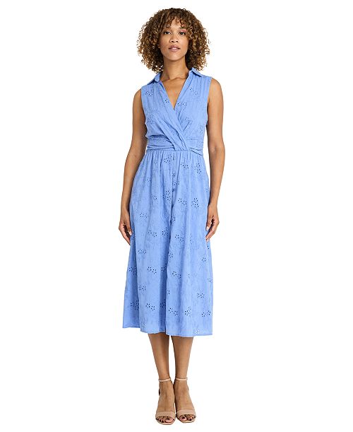 Maggy London Women's Cotton Eyelet V-Neck Shirtdress Women's Fashion Shoes & Accessories