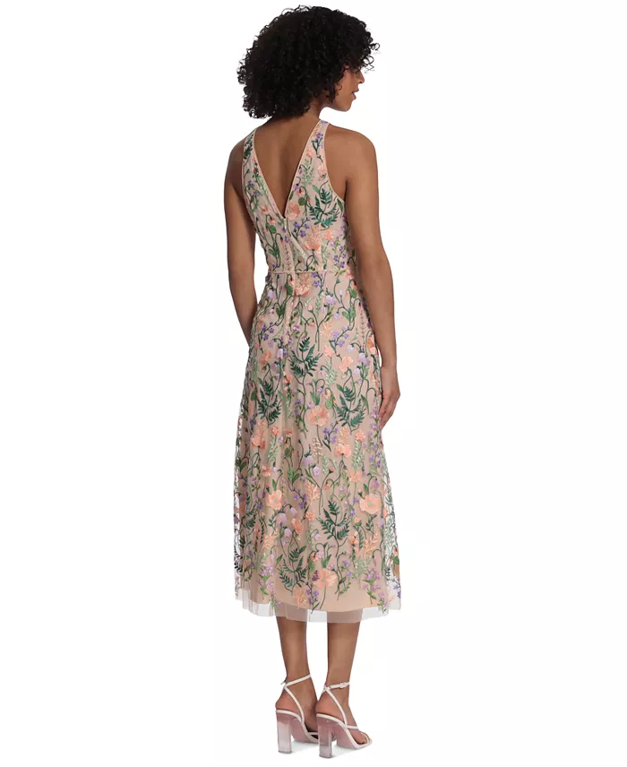 Maggy London Women's Embroidered Floral Midi Nylon Dress Women's Fashion Shoes & Accessories