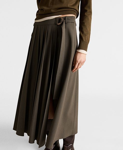 MANGO Women's Belt Buckle Pleated Skirt Women's Fashion Shoes & Accessories