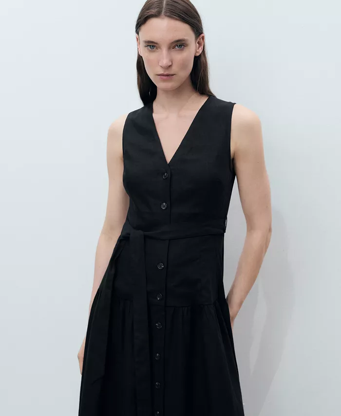 MANGO Women's Belt Linen-Blend Midi Dress Women's Fashion Shoes & Accessories