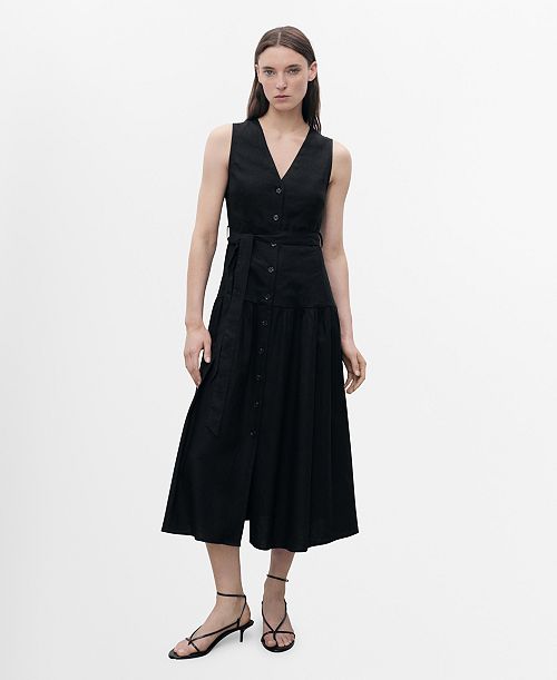 MANGO Women's Belt Linen-Blend Midi Dress Women's Fashion Shoes & Accessories
