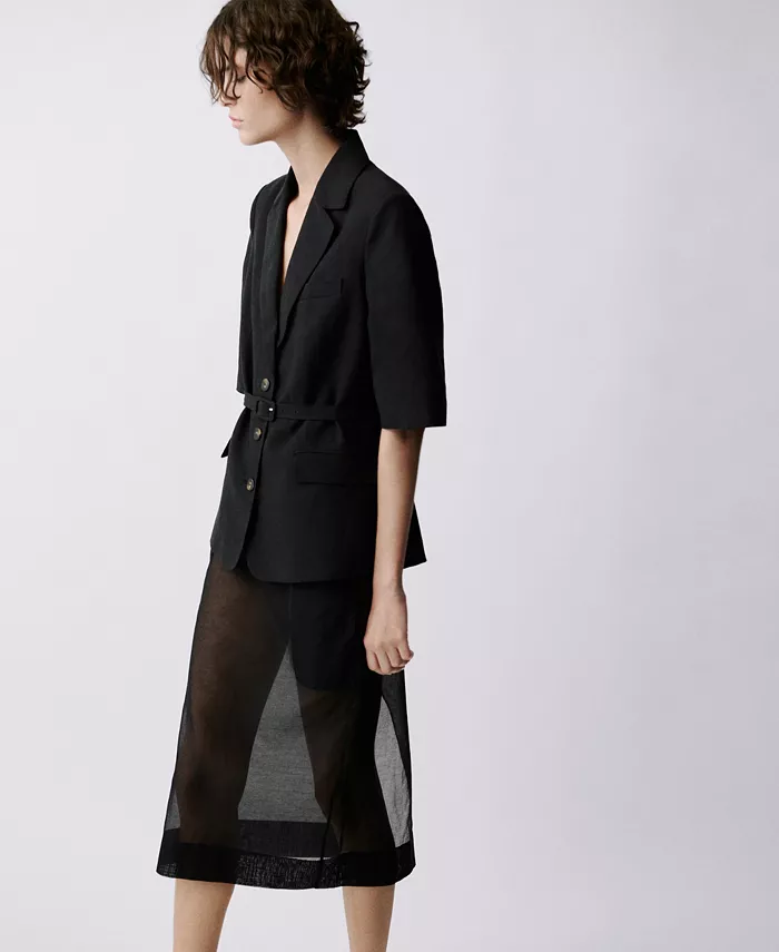 MANGO Women's Belted Linen-Blend Suit Jacket Women's Fashion Shoes & Accessories