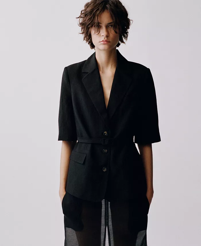 MANGO Women's Belted Linen-Blend Suit Jacket Women's Fashion Shoes & Accessories