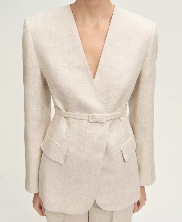 MANGO Women's Belted Linen Suit Jacket Women's Fashion Shoes & Accessories