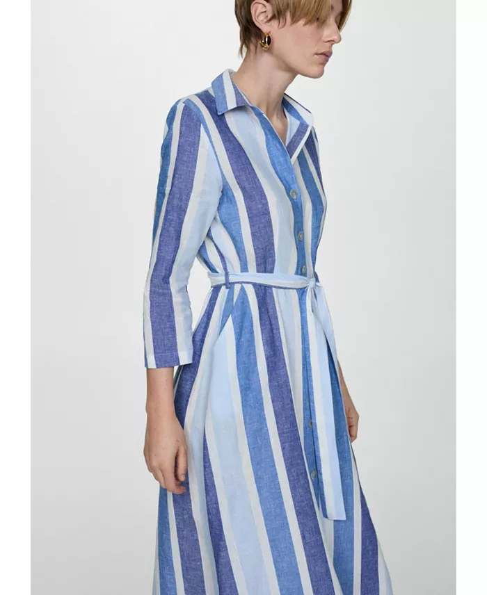 MANGO Women's Belted Striped Shirt Dress Women's Fashion Shoes & Accessories
