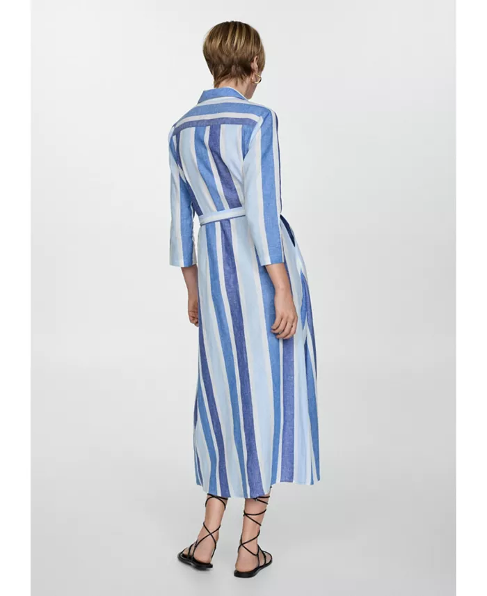 MANGO Women's Belted Striped Shirt Dress Women's Fashion Shoes & Accessories