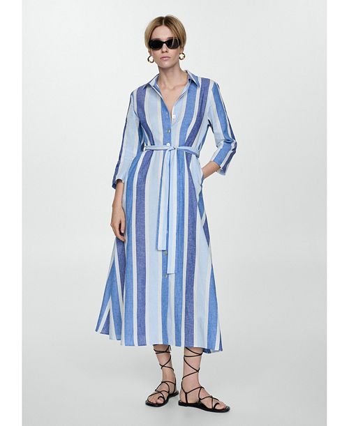 MANGO Women's Belted Striped Shirt Dress Women's Fashion Shoes & Accessories
