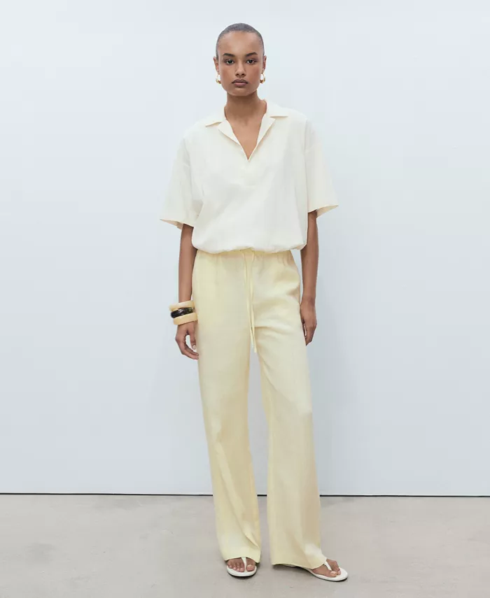 MANGO Women's Bow Straight-Fit Linen Pants Women's Fashion Shoes & Accessories