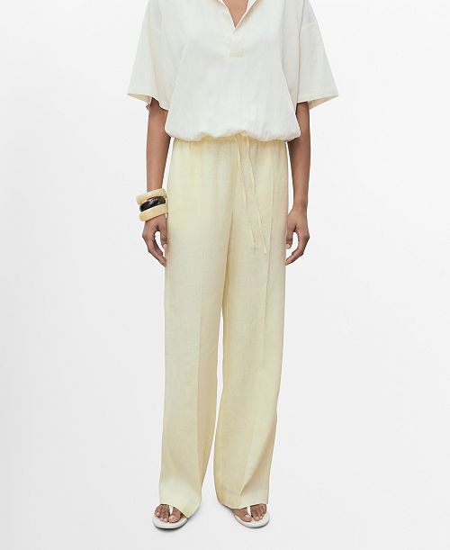 MANGO Women's Bow Straight-Fit Linen Pants Women's Fashion Shoes & Accessories