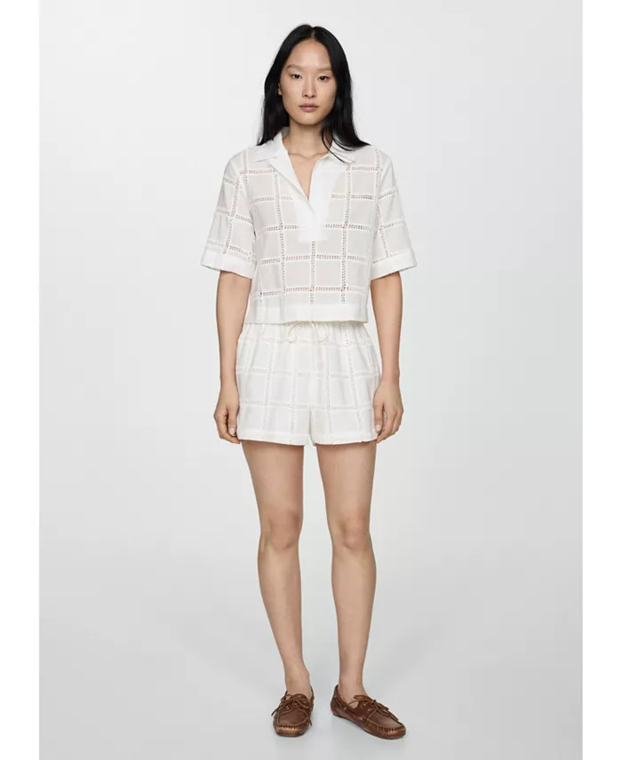 MANGO Women's Embroidered Polo-Neck Blouse Women's Fashion Shoes & Accessories