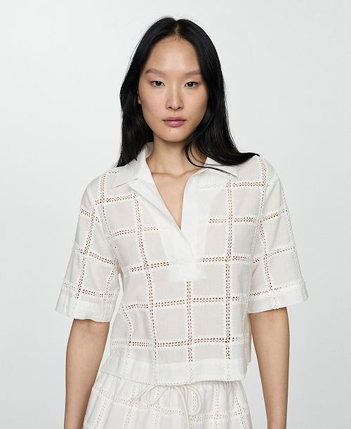 MANGO Women's Embroidered Polo-Neck Blouse Women's Fashion Shoes & Accessories